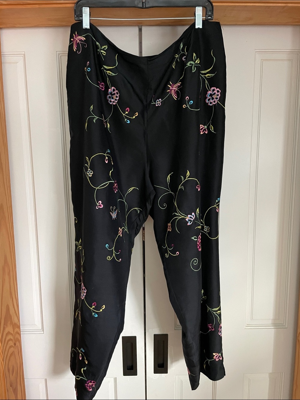 Black Straight-Leg Silk Embroidered Floral Pants